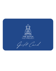 Blue The Dutch Tile Project gift card with white logo and the word “Cadeaubon” in handwritten-style lettering. [market:!nl,!de,!at]