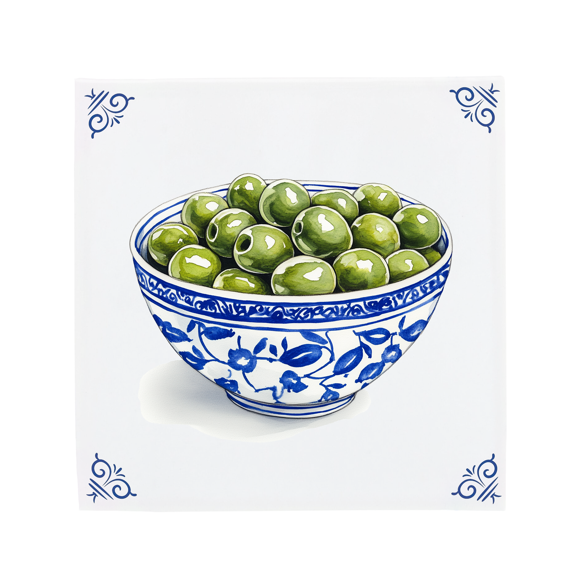 Bowl of green olives on a decorative delft blue tile with traditional blue patterns