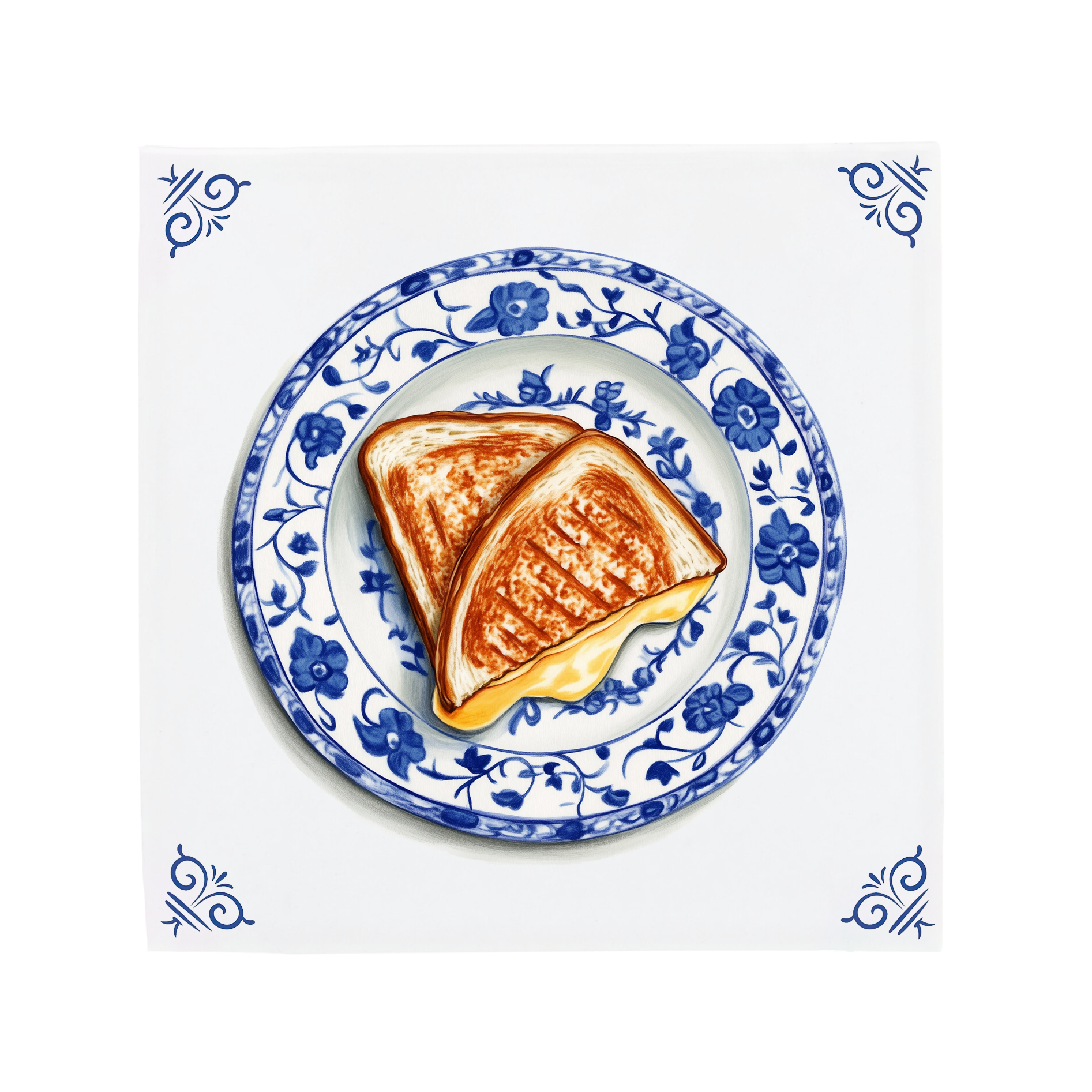 Two pieces of grilled cheese toastie on a decorative blue and white plate with floral patterns, on a dutch delft blue tile.