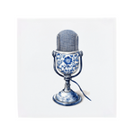 Vintage Delft Blue Microphone Ceramic Tile Artwork with Floral Detail