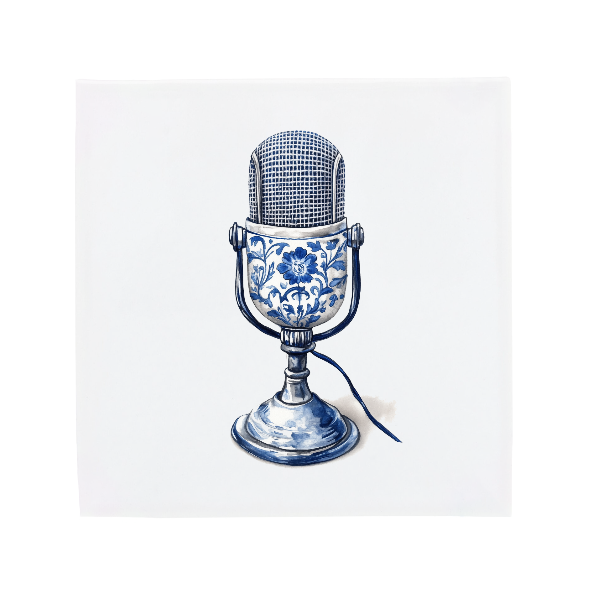 Vintage Delft Blue Microphone Ceramic Tile Artwork with Floral Detail