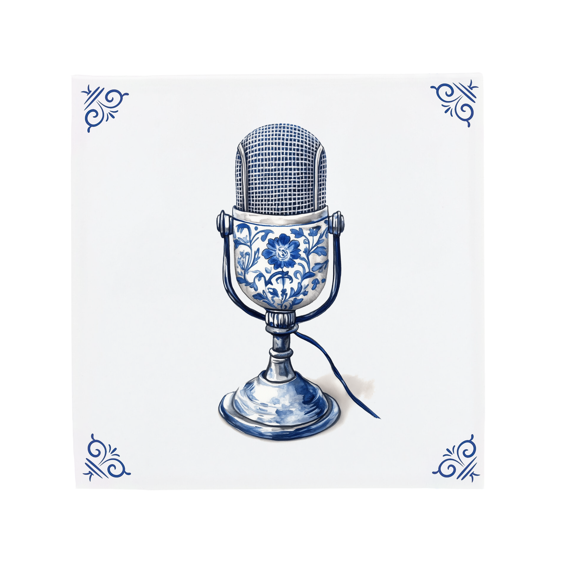 Vintage Delft Blue Microphone Ceramic Tile Artwork with Floral Detail