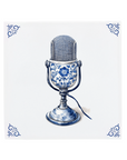 Vintage Delft Blue Microphone Ceramic Tile Artwork with Floral Detail