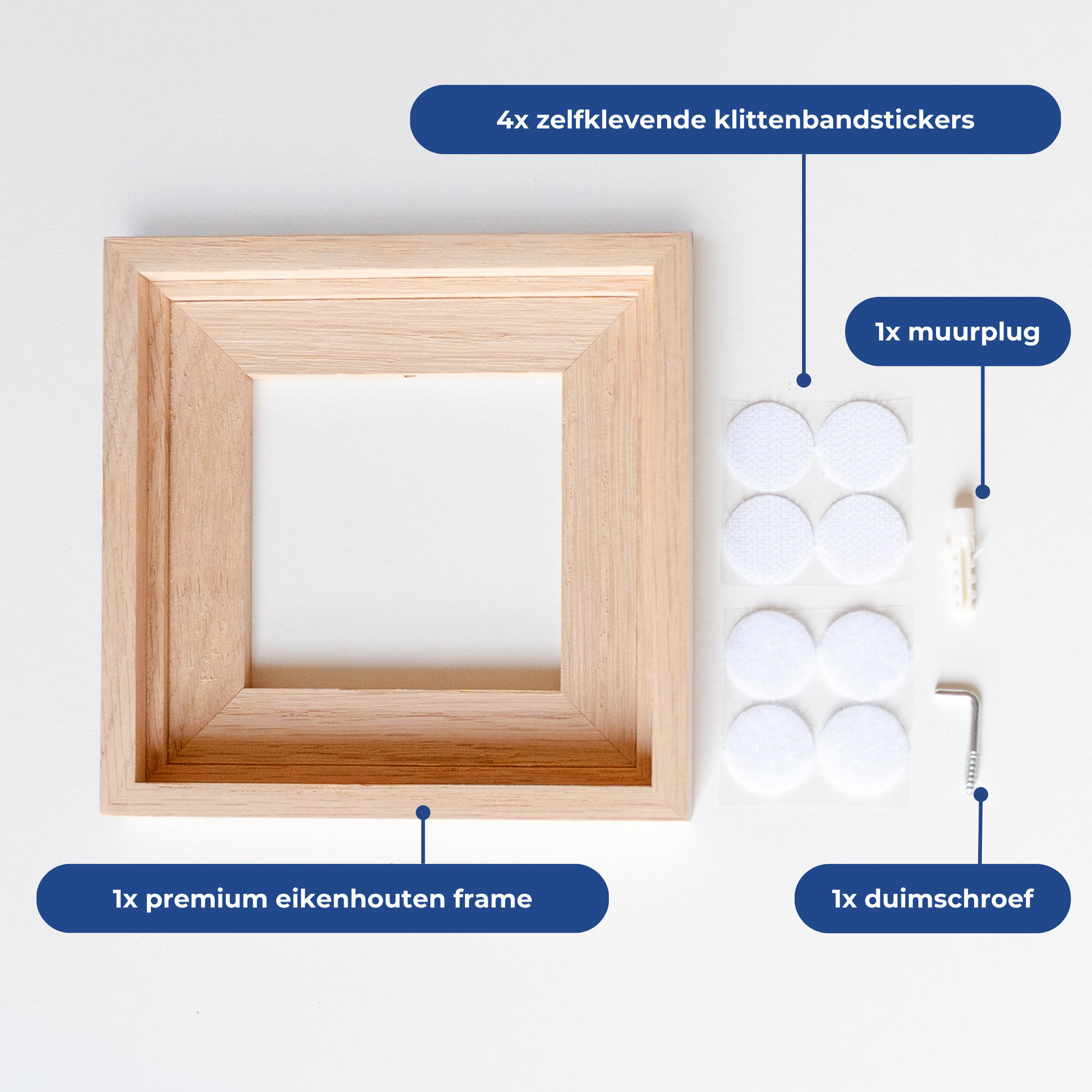 Eikenhouten frame en de meegeleverde materialen uitgestald op een tafel. [market:nl]