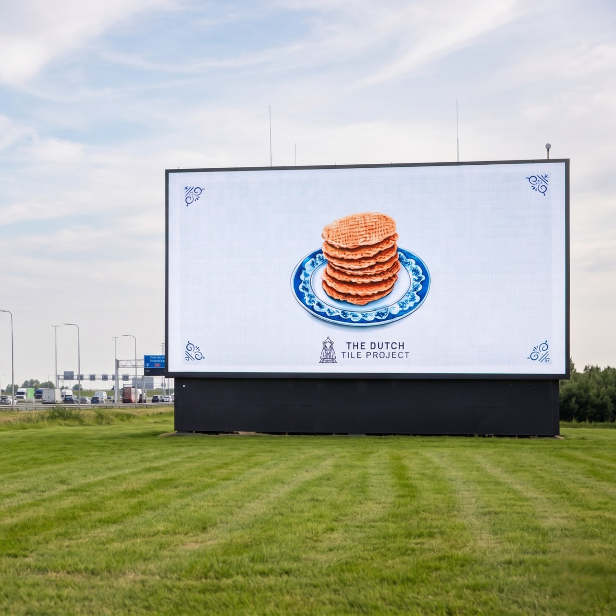Large billboard next to a highway showing The Dutch Tile Project's Stroopwafel tile