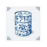 Ceramic Dutch Tile with decorative corner ornaments, featuring an oil barrel with flower motifs.