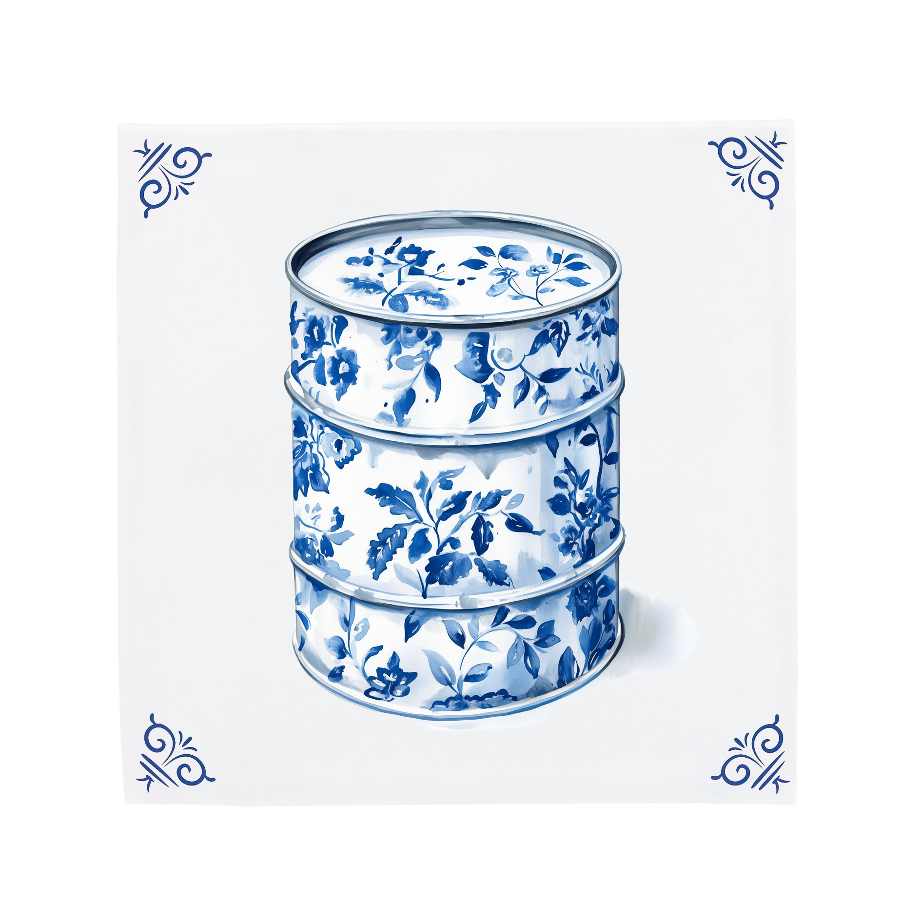 Ceramic Dutch Tile with decorative corner ornaments, featuring an oil barrel with flower motifs.