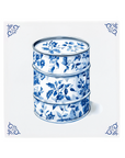 Ceramic Dutch Tile with decorative corner ornaments, featuring an oil barrel with flower motifs.