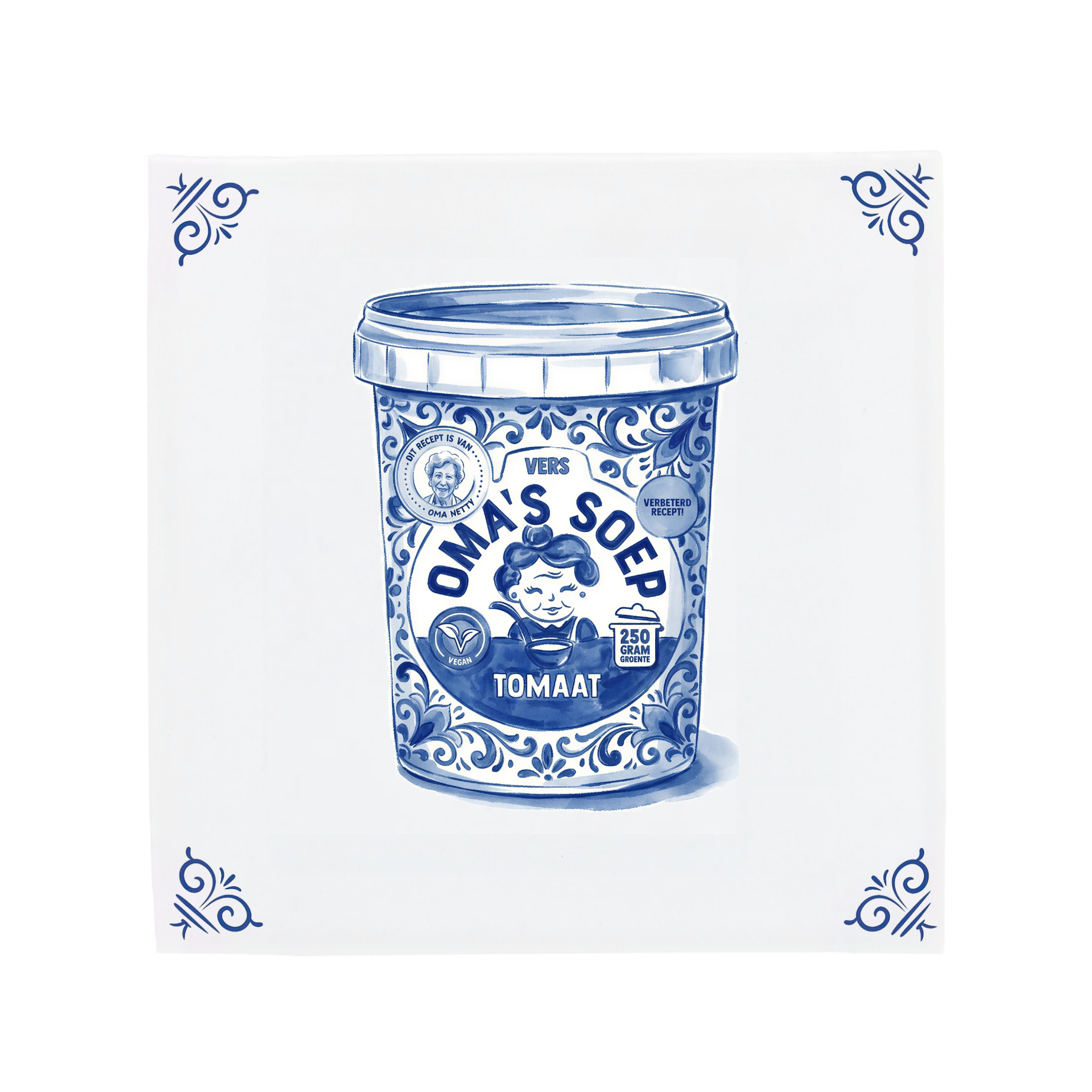 Personalised Delft Blue ceramic tile featuring your own brand design, a modern twist on the classic Dutch tile.