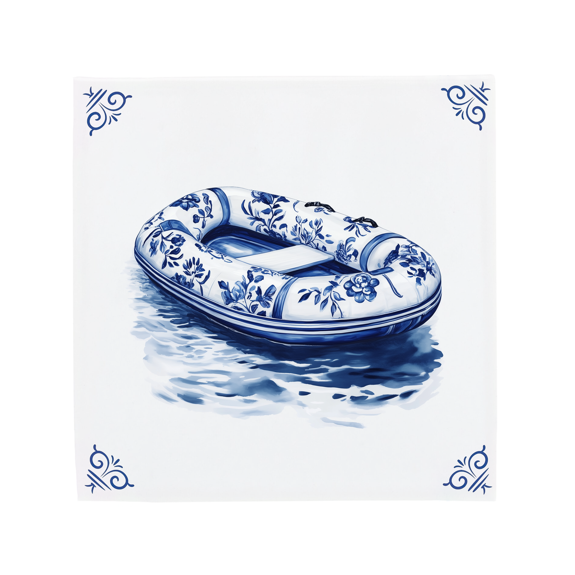 Ceramic Dutch Tile with decorative corner ornaments, featuring a Delft blue inflatable boat design.