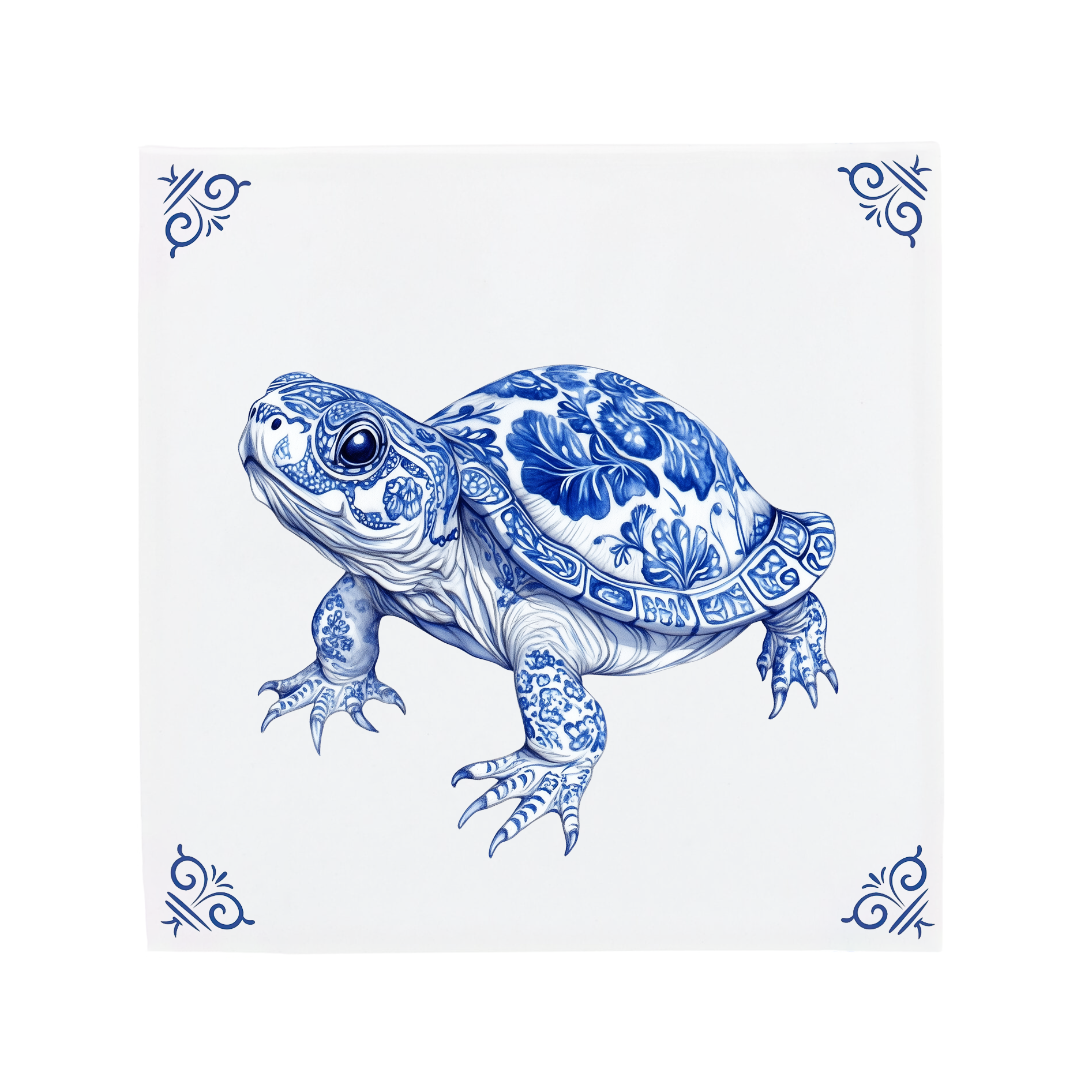 Decorative tile with a blue and white turtle design on a white background