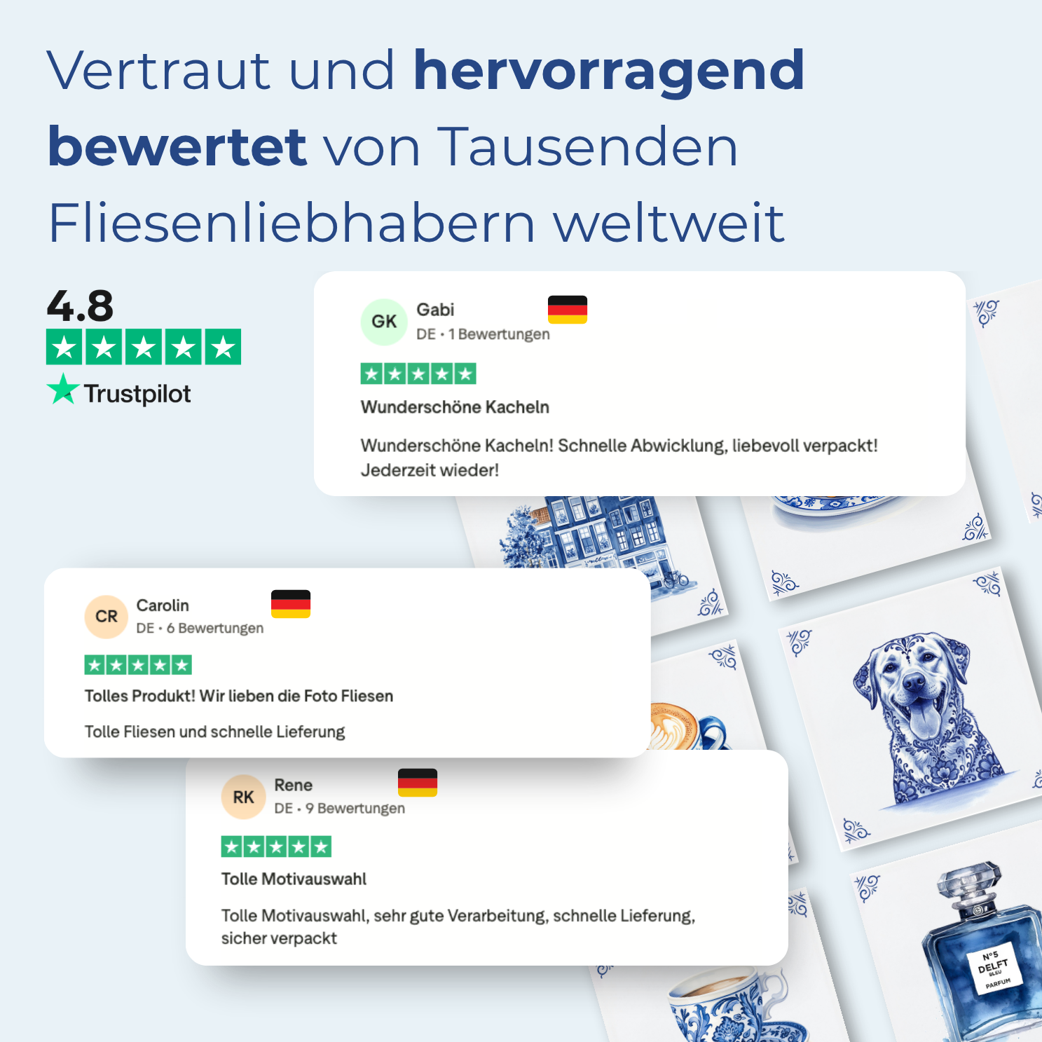 ervorgehobene Trustpilot-Bewertungen mit Fünf-Sterne-Bewertungen für The Dutch Tile Project. [market:de, at]