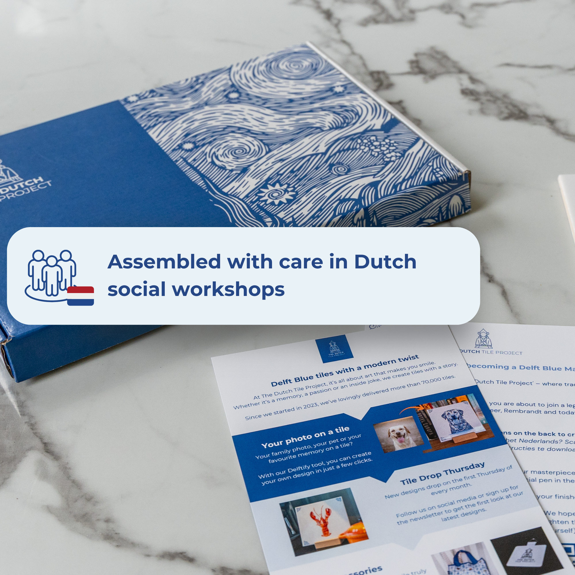 DIY kit product photo with text highlighting that it is assembled with care in a Dutch social workshop. [market:!nl]