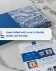 DIY kit product photo with text highlighting that it is assembled with care in a Dutch social workshop. [market:!nl]