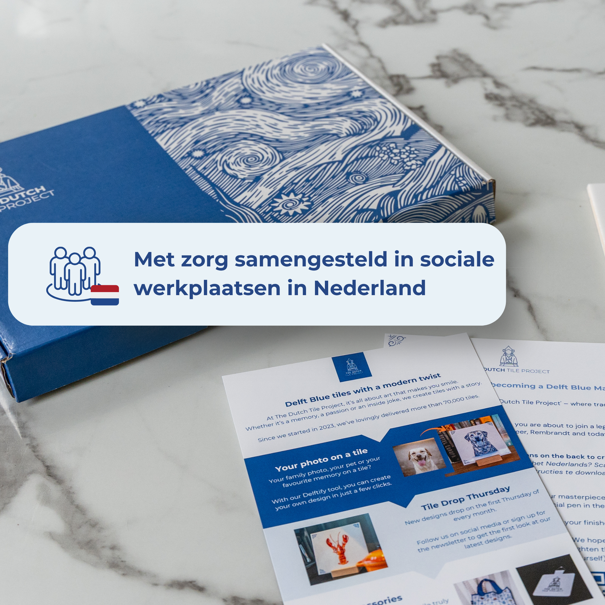 DIY kit product photo with text highlighting that it is assembled with care in a Dutch social workshop. [market: nl]