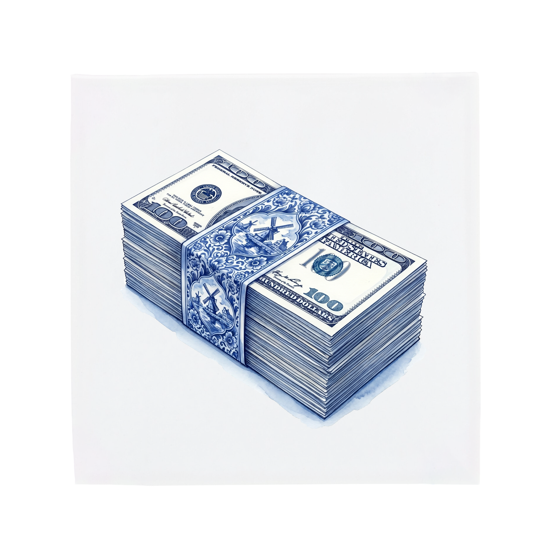 Ceramic tile without corner ornaments featuring a stack of 100 bills