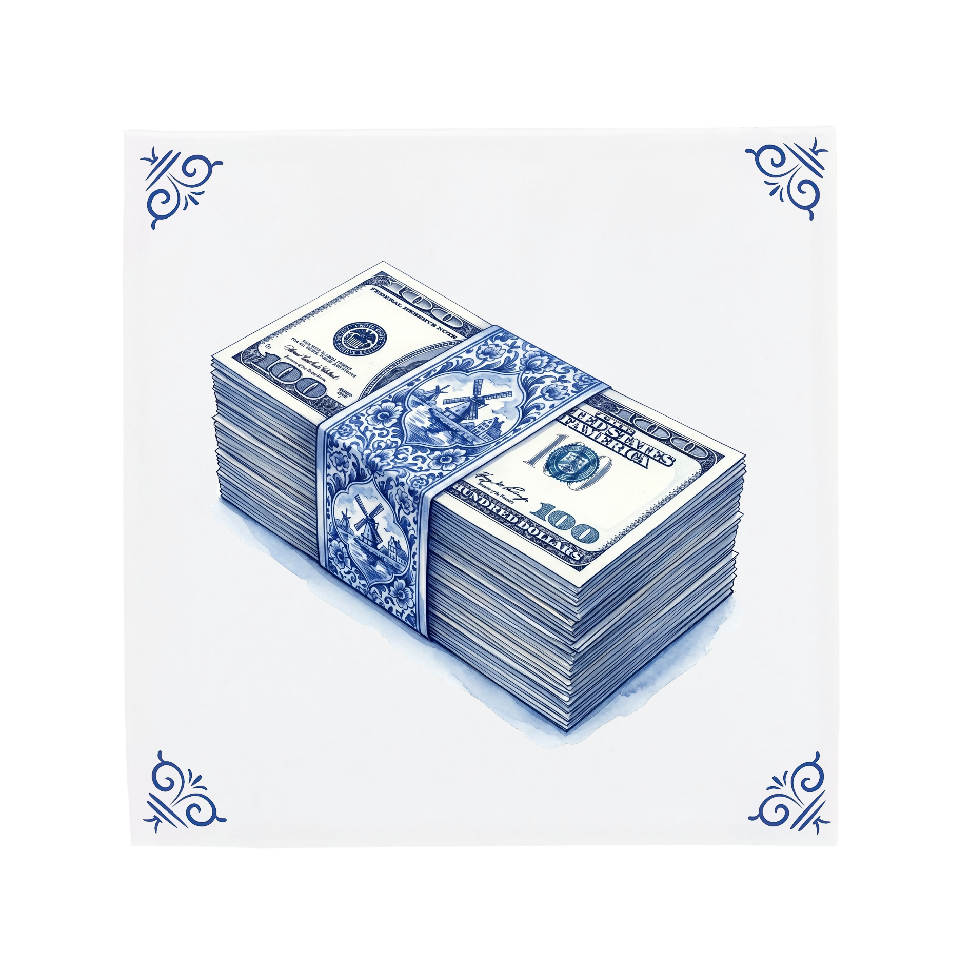 Ceramic tile with corner ornaments featuring a stack of 100 bills