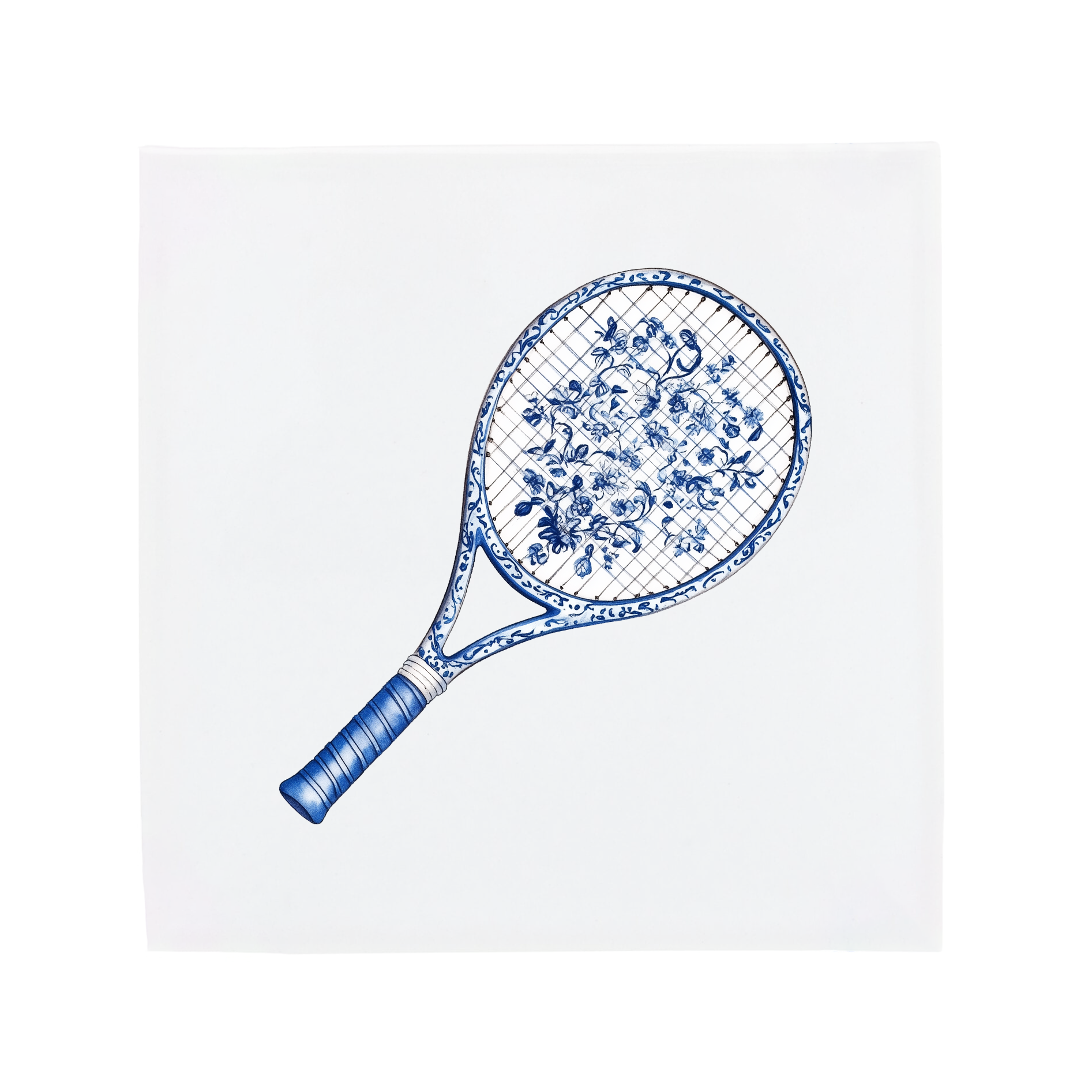 Ceramic Dutch Tile featuring a tennis racket with flower motifs.