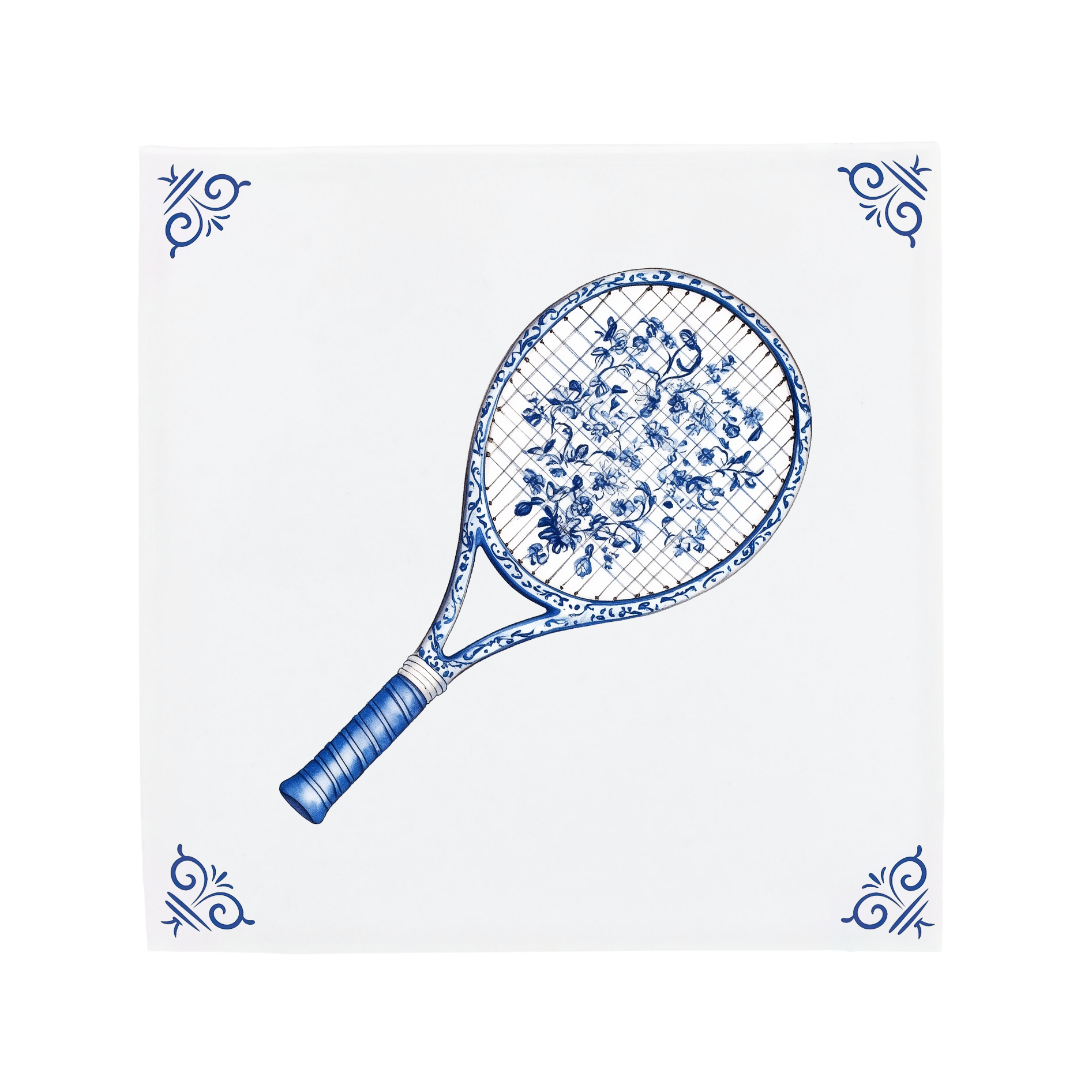 Ceramic Dutch Tile with decorative corner ornaments, featuring a tennis racket with flower motifs.