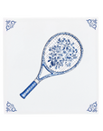 Ceramic Dutch Tile with decorative corner ornaments, featuring a tennis racket with flower motifs.