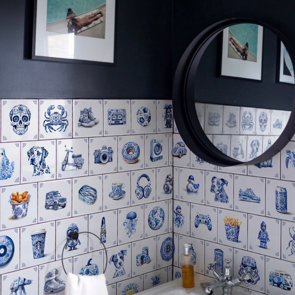 A tiled bathroom with a lot of The Dutch Tile Project original tiles