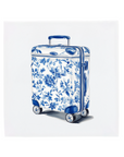 Ceramic Dutch Tile featuring a wheeled suitcase with a Delft blue pattern.