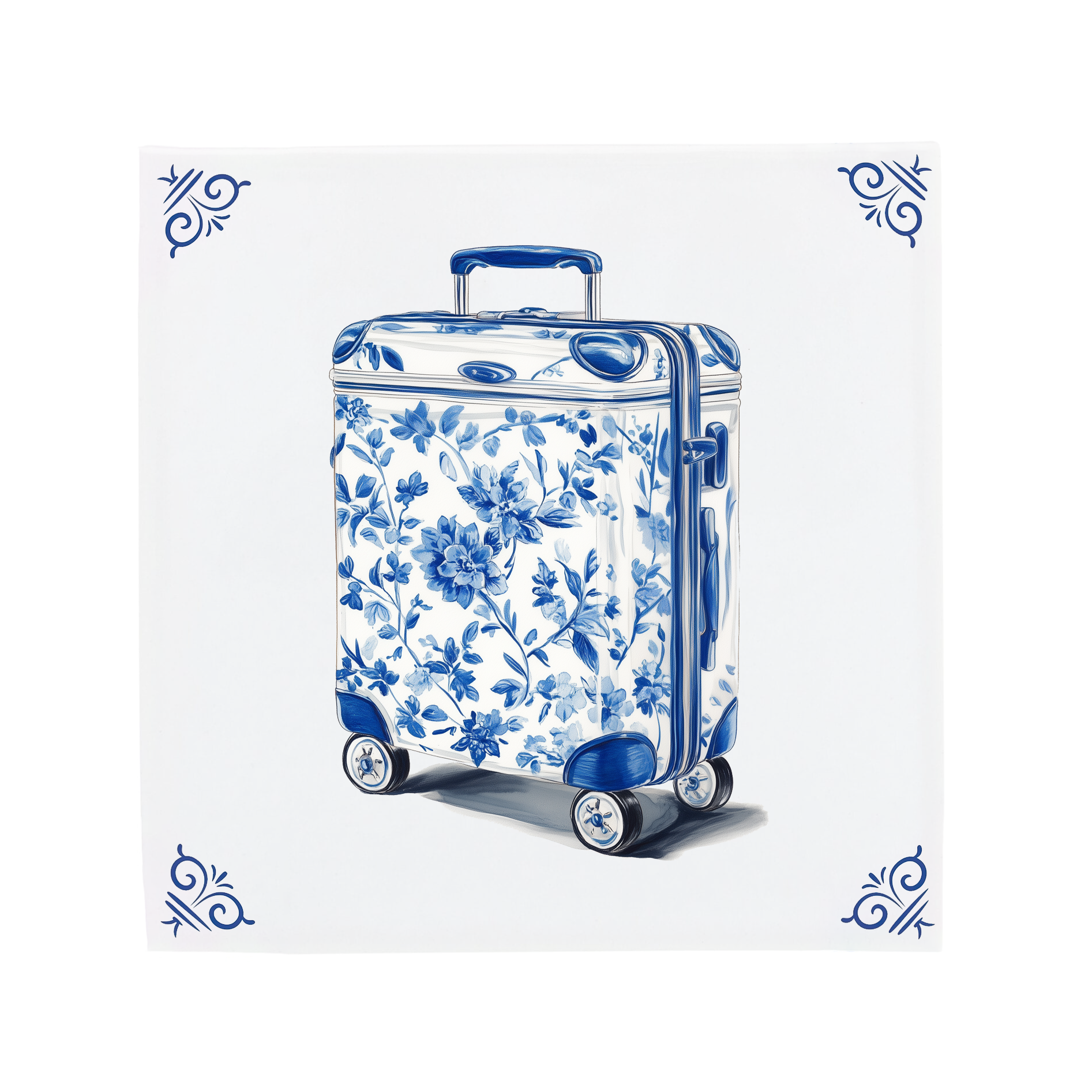 Ceramic Dutch Tile with decorative corner ornaments, featuring a wheeled suitcase with a Delft blue pattern.