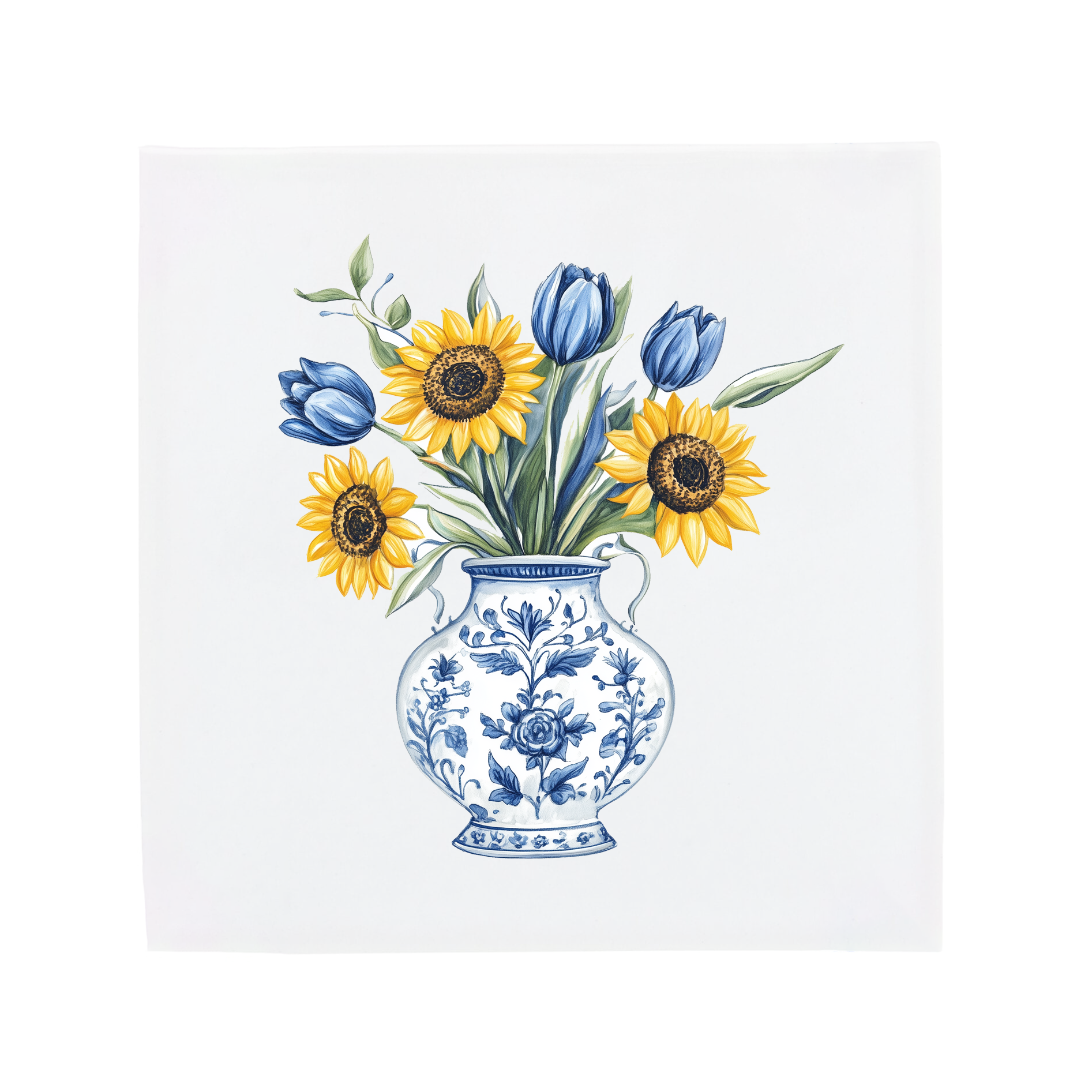 Vase with blue tulips and yellow sunflowers in a delft blue vase on a tile