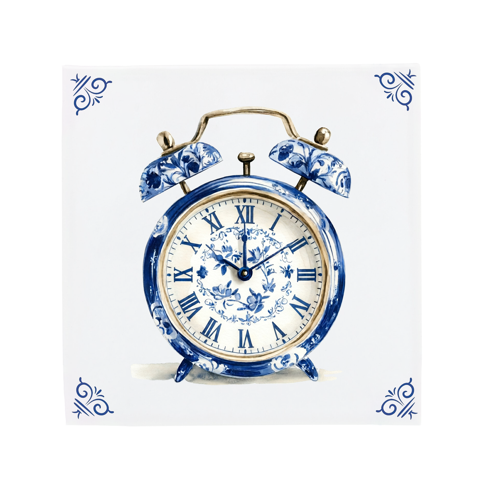 Ceramic Dutch Tile with decorative corner ornaments, featuring a Delft blue vintage alarm clock design.