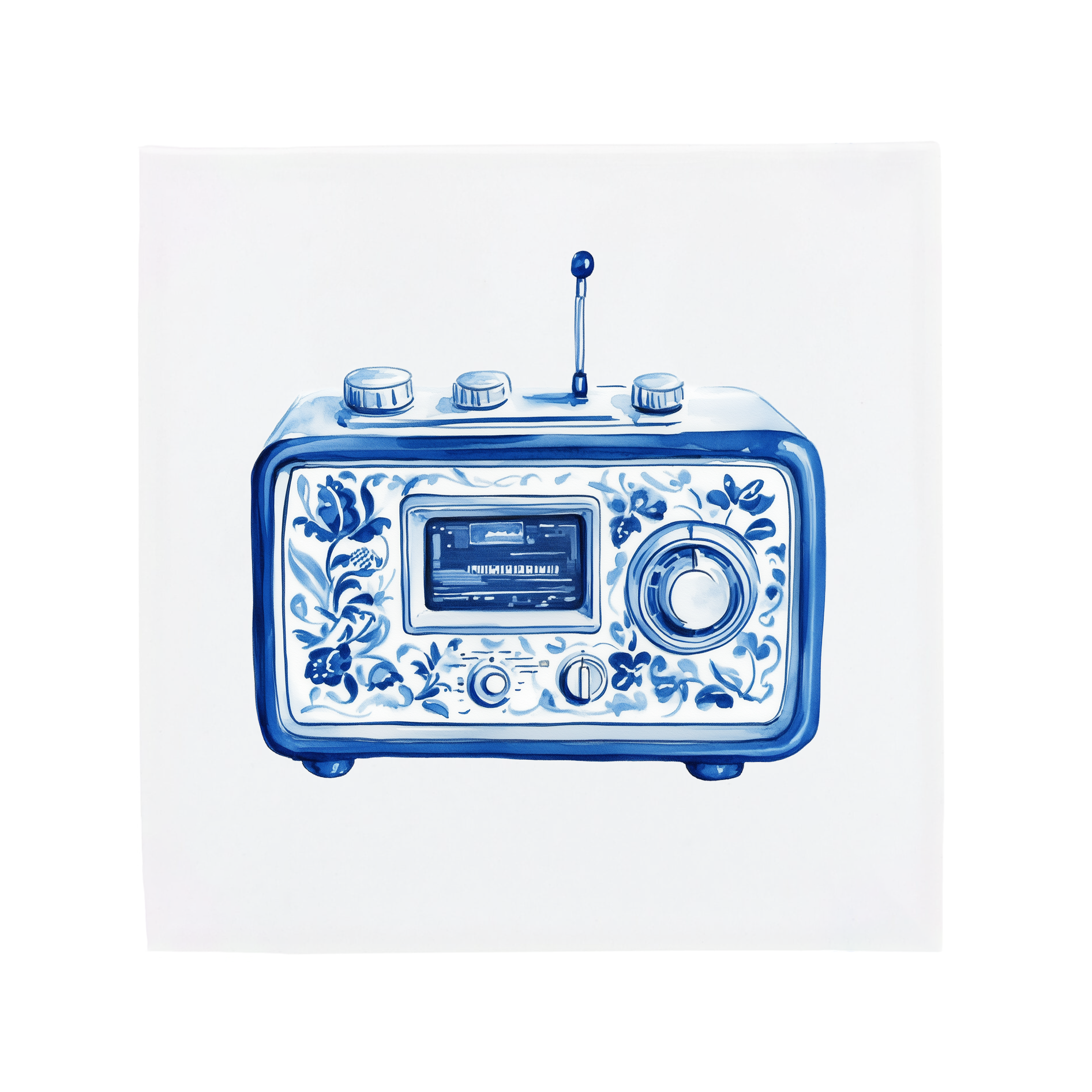 Ceramic Dutch Tile featuring a vintage radio with Delft blue flower motifs.