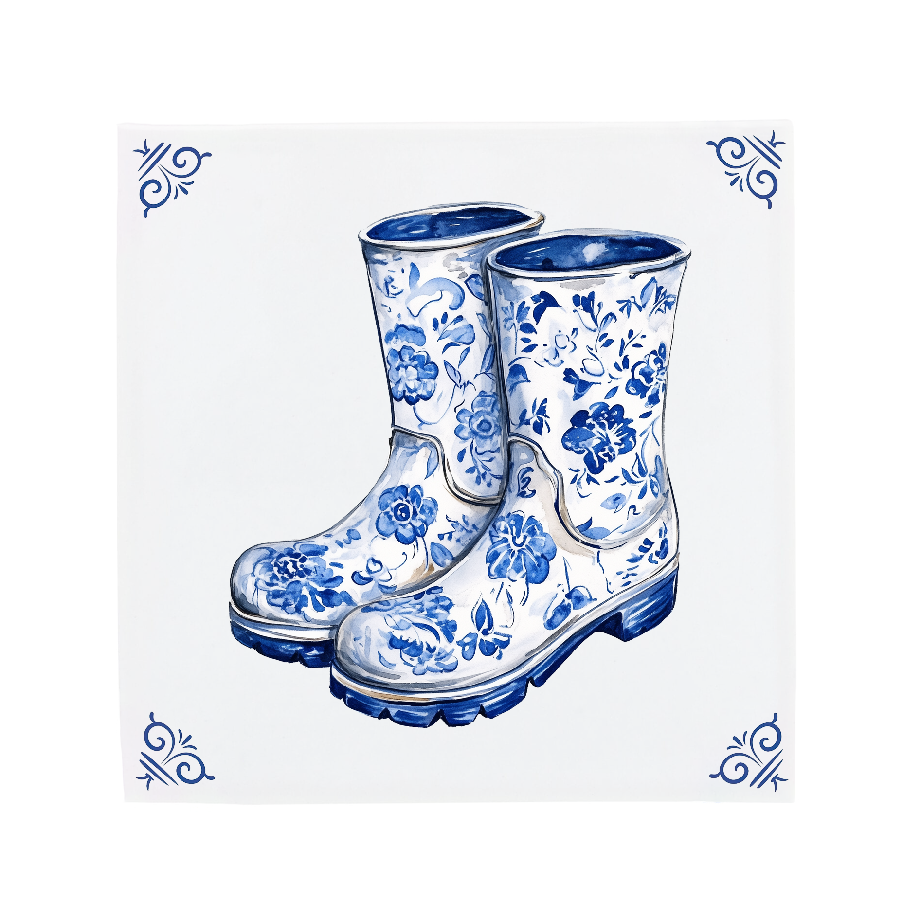 Ceramic Dutch Tile with decorative corner ornaments, featuring Wellington boots with a flower pattern.