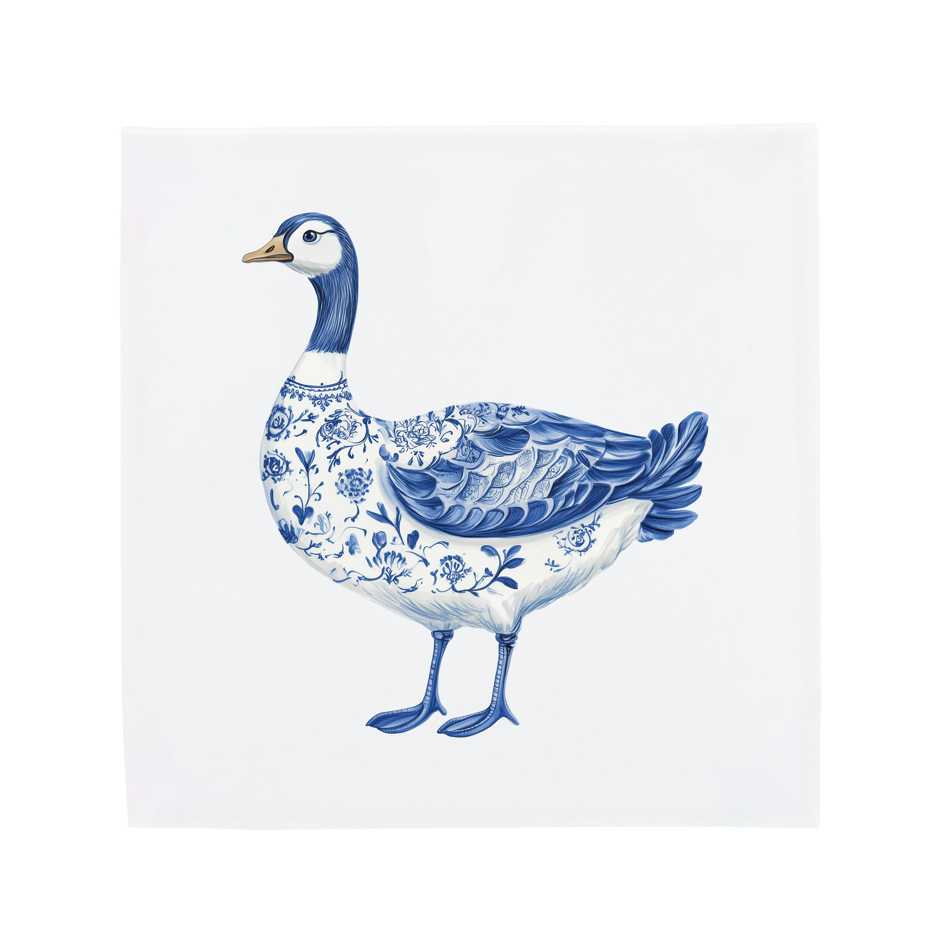 Decorative goose with blue floral patterns on a white tile background