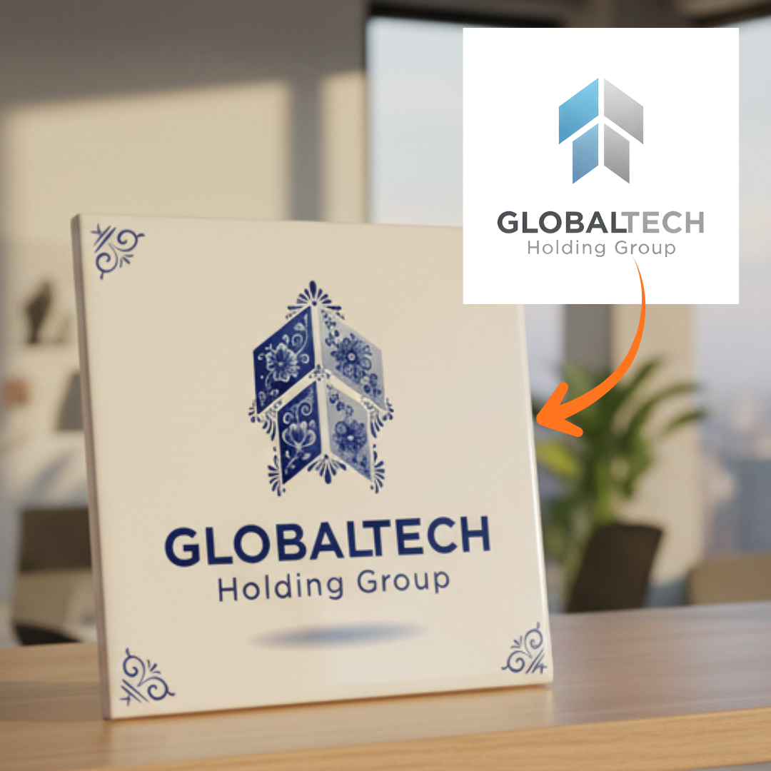 15x15 cm B2B ceramic Dutch Tile featuring a company logo displayed on an office cabinet