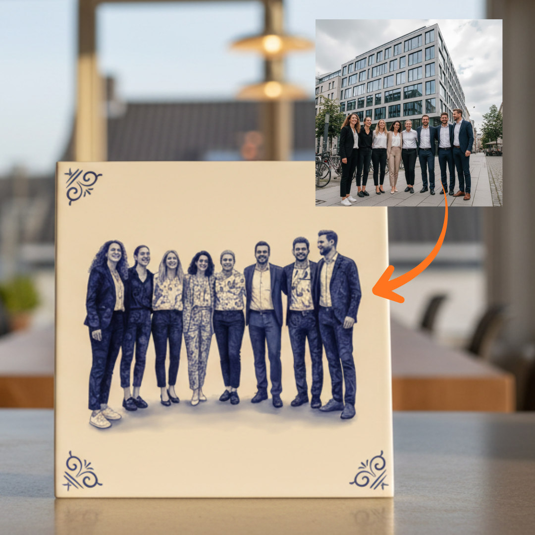 15x15 cm B2B ceramic Dutch Tile featuring a team photo standing on a desk in an office.