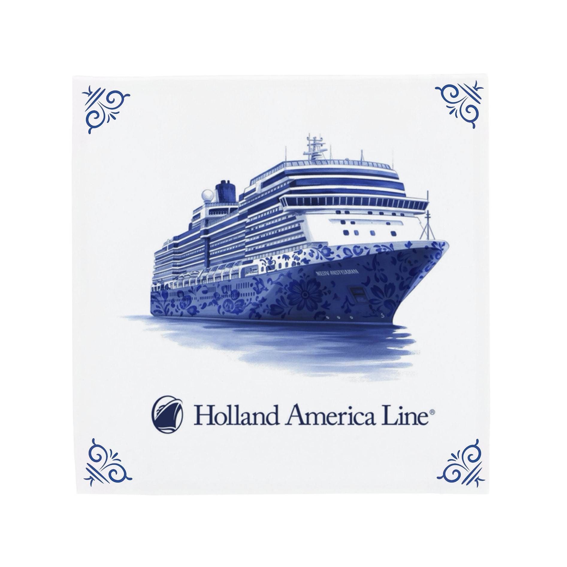 Personalised Delft Blue ceramic tile featuring your own brand design, a modern twist on the classic Dutch tile.