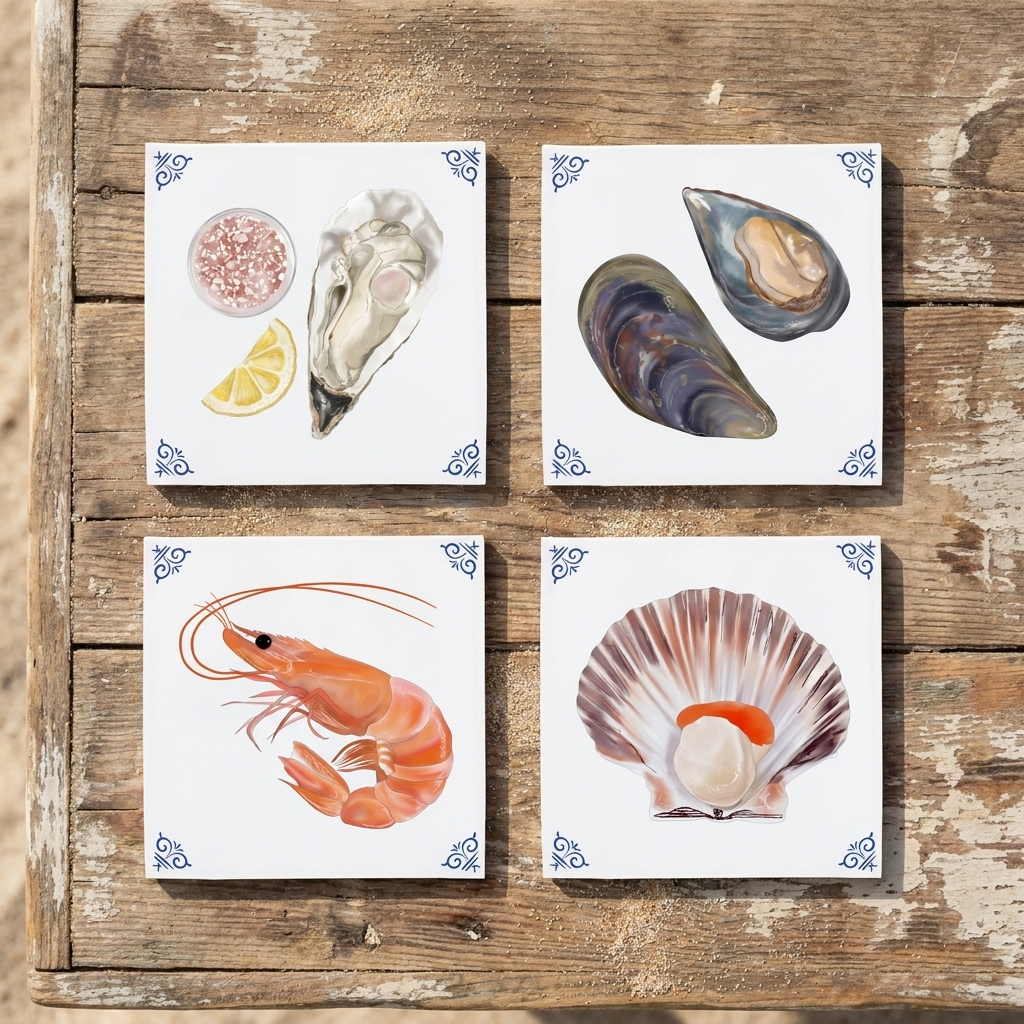 Shellfish platter bundle of colourful ceramic tiles by Corinne Alexander, a coastal limited edition