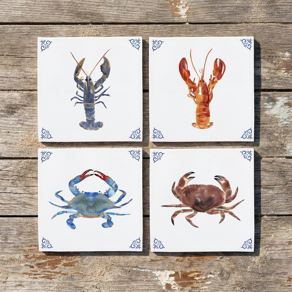 Lobsters and Crabs bundle of colourful ceramic tiles by Corinne Alexander, a coastal limited edition