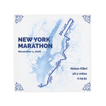 A square white tile featuring a blue watercolor-style map of New York City with the New York Marathon route outlined in dark blue. The text is personalisable.