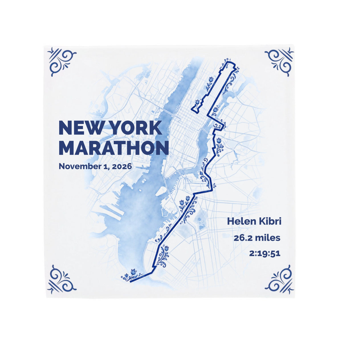 A square white tile featuring a blue watercolor-style map of New York City with the New York Marathon route outlined in dark blue. The text is personalisable.