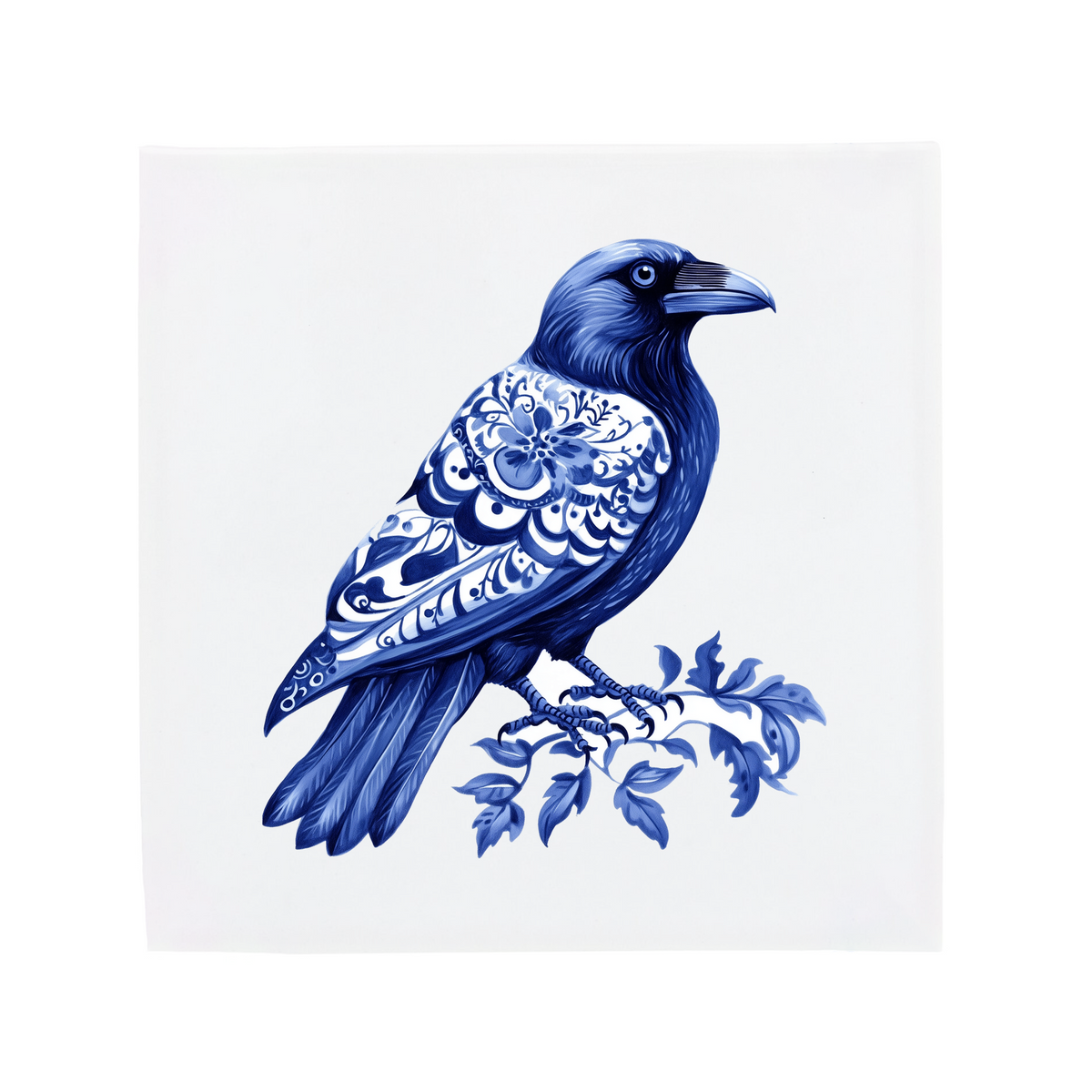 A raven on a Delft Blue ceramic tile without corner ornaments