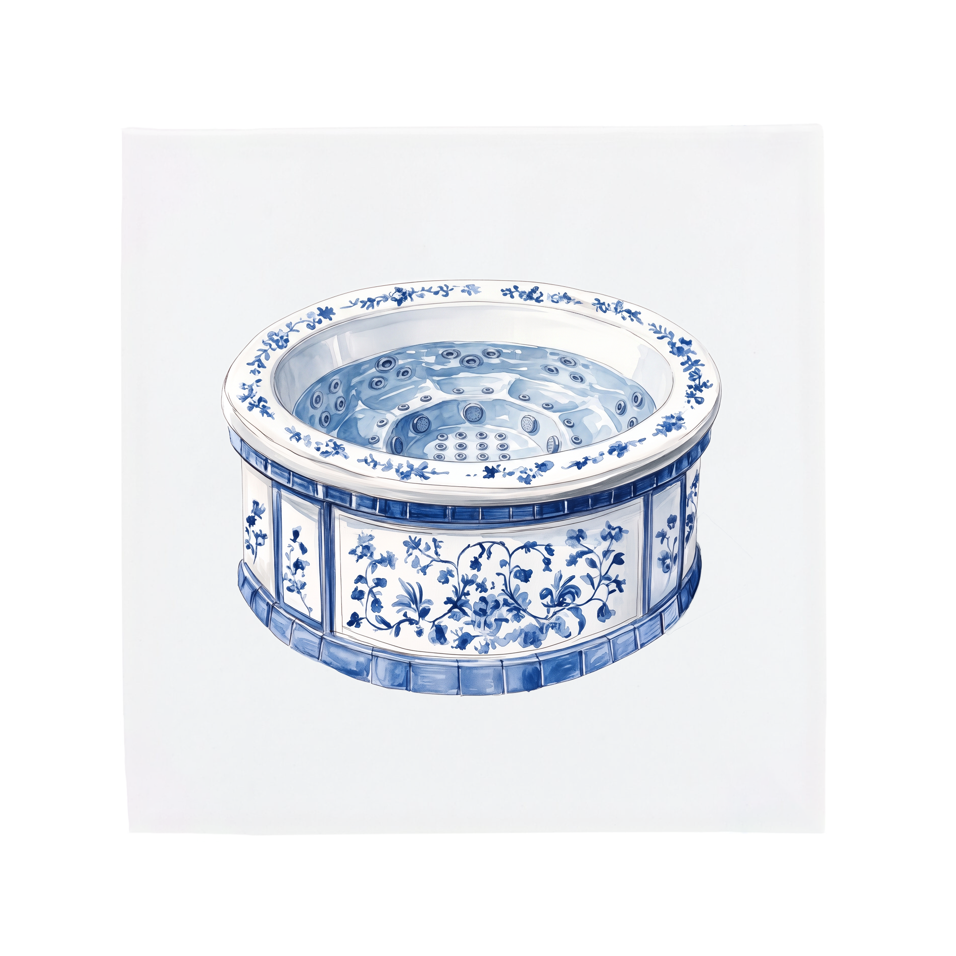 A hot tub on a Delft Blue ceramic tile without corner ornaments