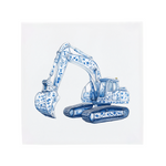 An excavator on a Delft Blue ceramic tile without corner ornaments