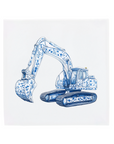An excavator on a Delft Blue ceramic tile without corner ornaments