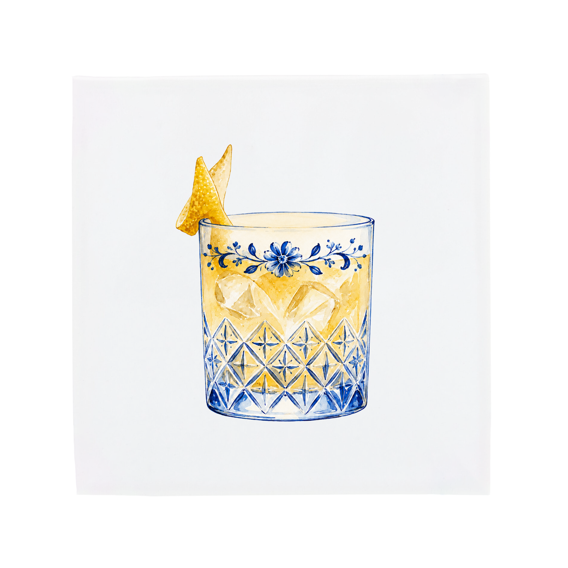An amaretto sour cocktail on a Delft Blue ceramic tile without corner ornaments