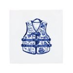 A life jacket on a Delft Blue ceramic tile without corner ornaments