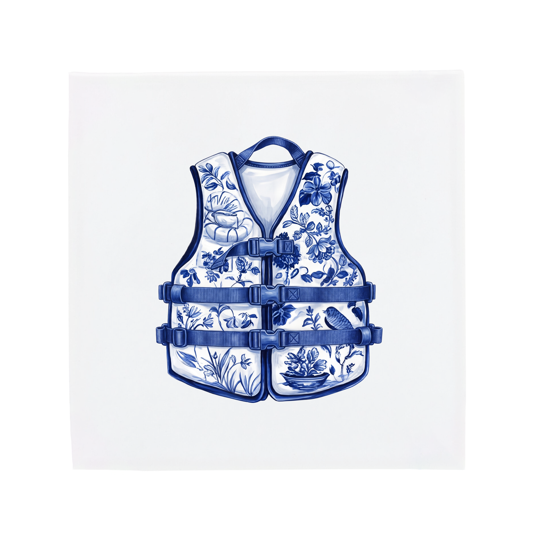 A life jacket on a Delft Blue ceramic tile without corner ornaments