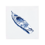 A kayak on a Delft Blue ceramic tile without corner ornaments