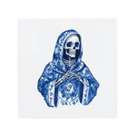 A grim reaper on a Delft Blue ceramic tile without corner ornaments