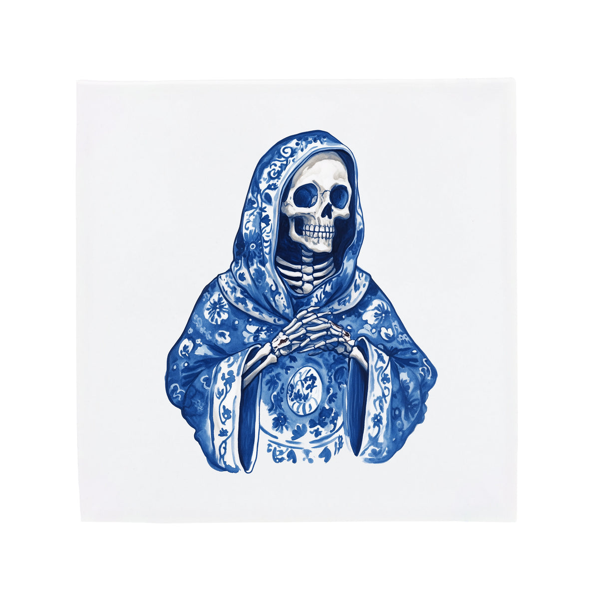 A grim reaper on a Delft Blue ceramic tile without corner ornaments