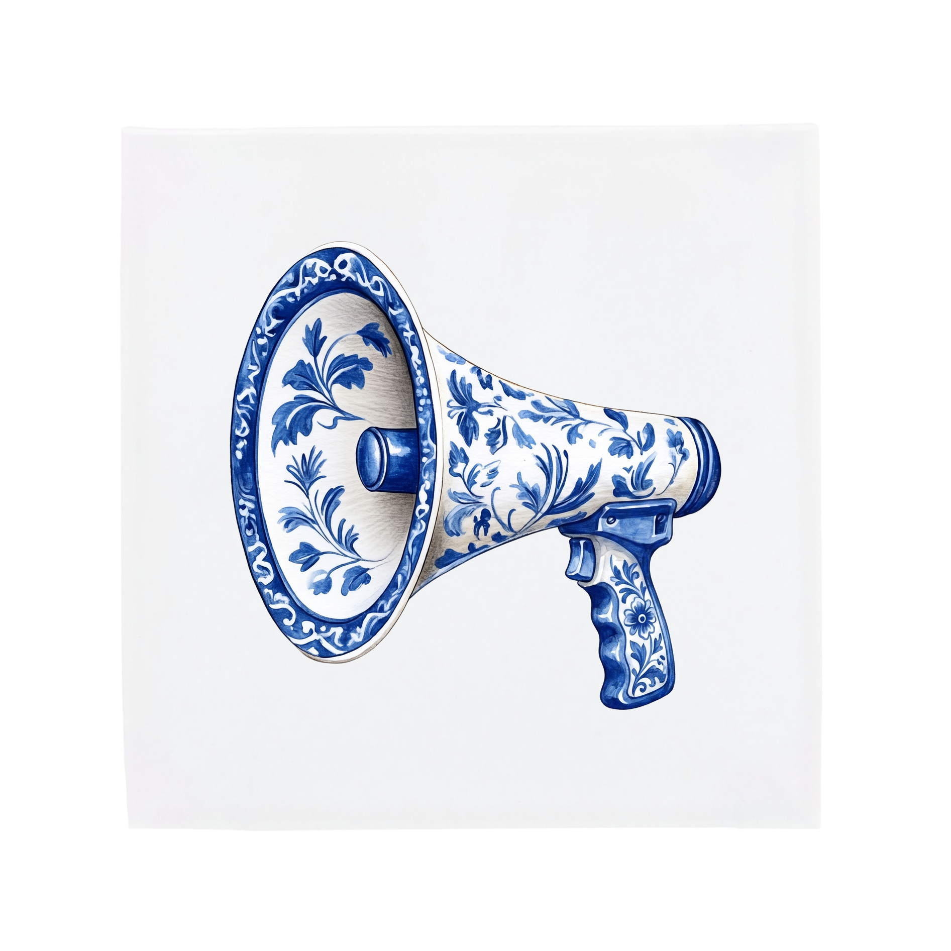 A megaphone on a Delft Blue ceramic tile without corner ornaments